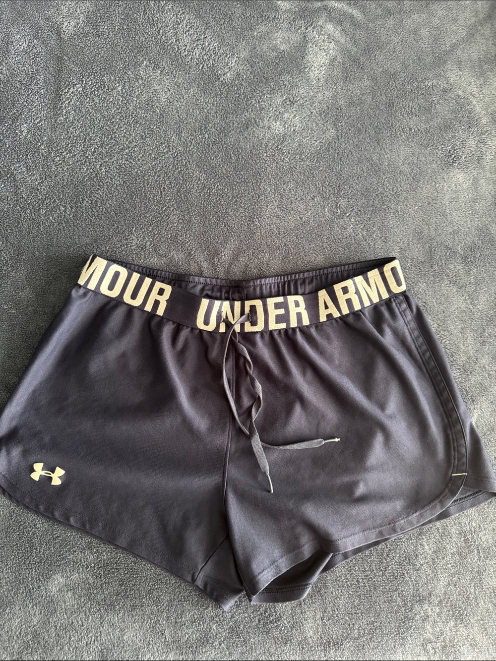 Under Armour Women's Navy Blue Athletic Shorts with Light Gray Logo on Waistband
